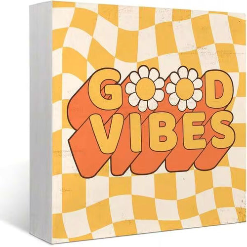 1pc 5*5inch(12.4*12.4cm) Groovy Good Vibes Wood Box Sign Desk Decor Retro 70s Daisy Flower Checkered Wooden Box Block Sign Decorations For Home Bedroom Living Room Office Wall Tabletop Desk Decor